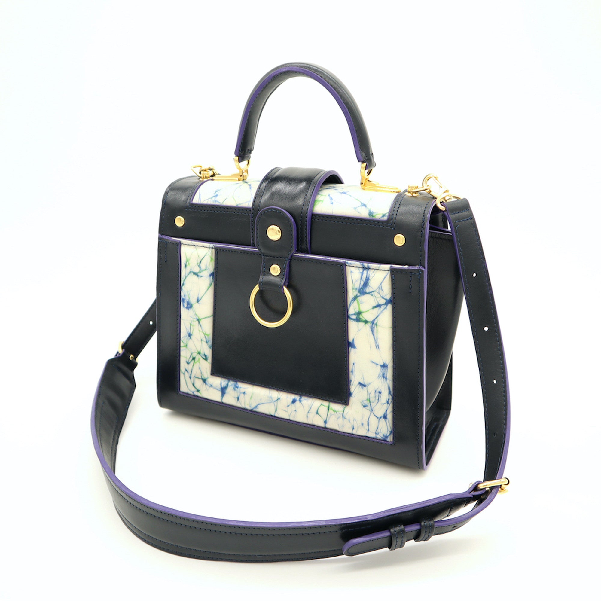 レザーとバティック染のミニショルダーバッグ(navy-blue)