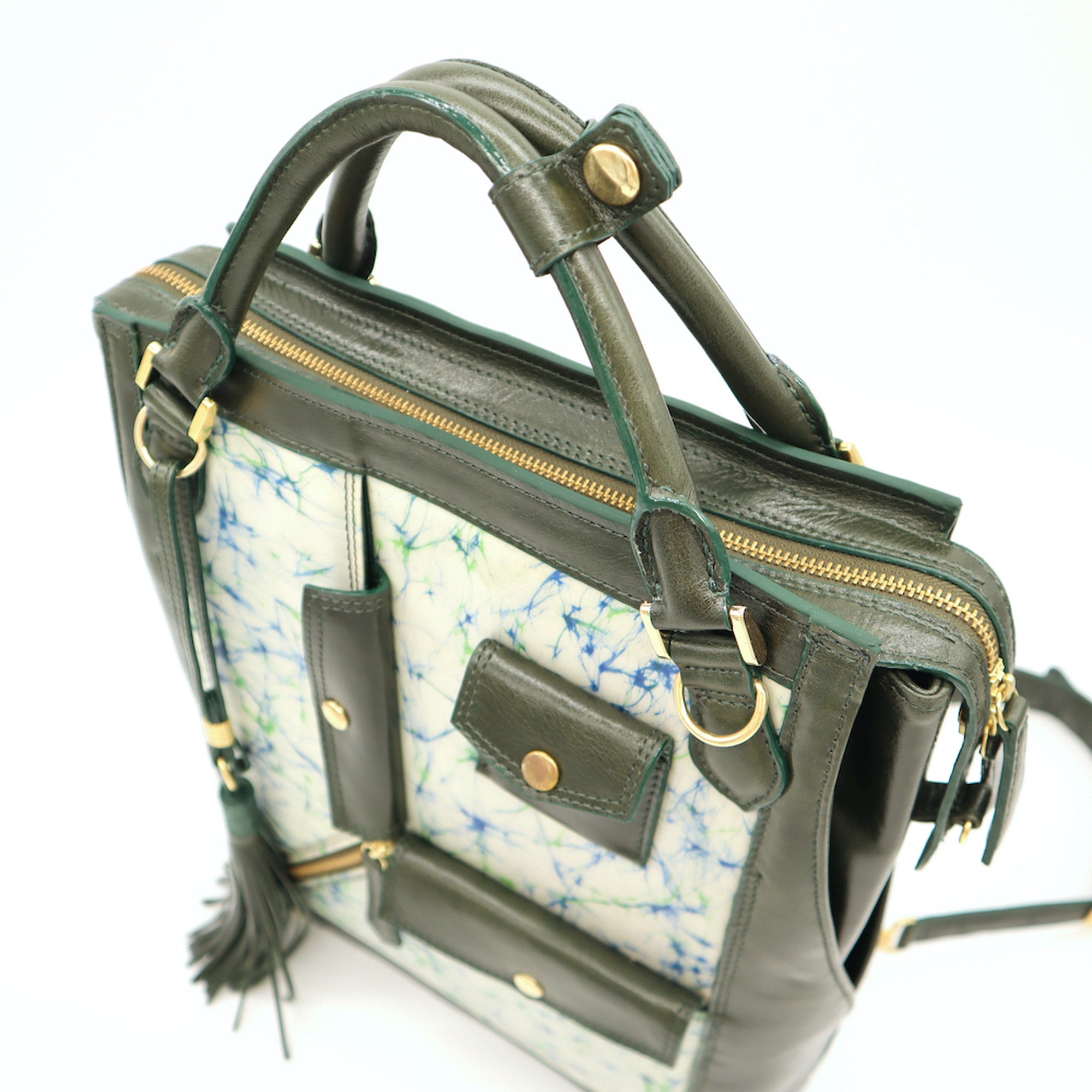レザーとバティック染の3wayバック(olive-green)