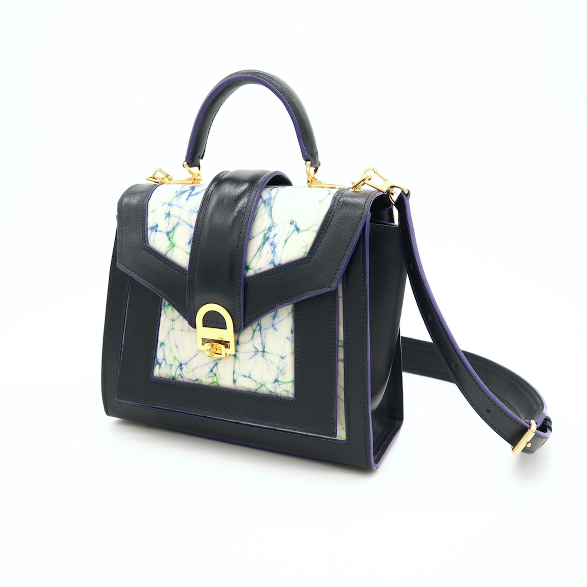 レザーとバティック染のミニショルダーバッグ(navy-blue)