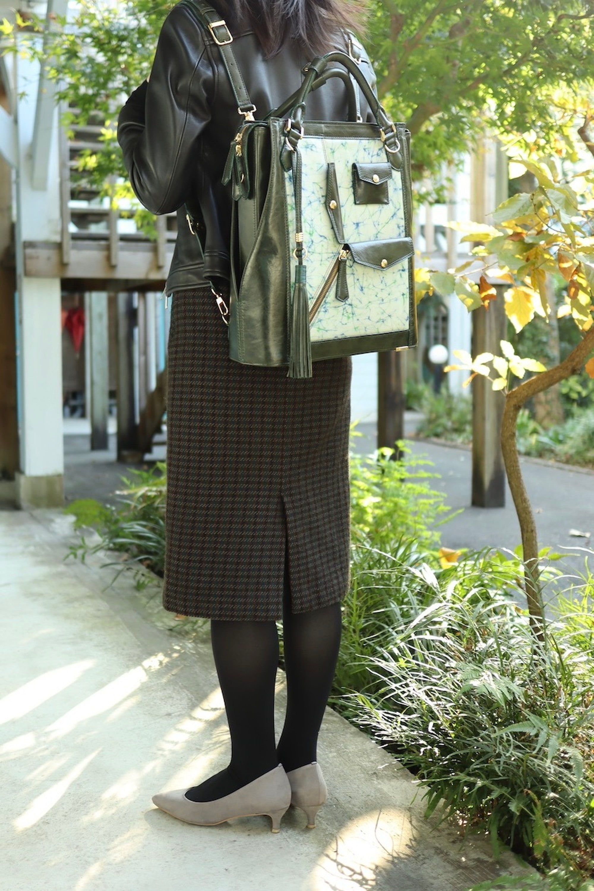 レザーとバティック染の3wayバック(olive-green)