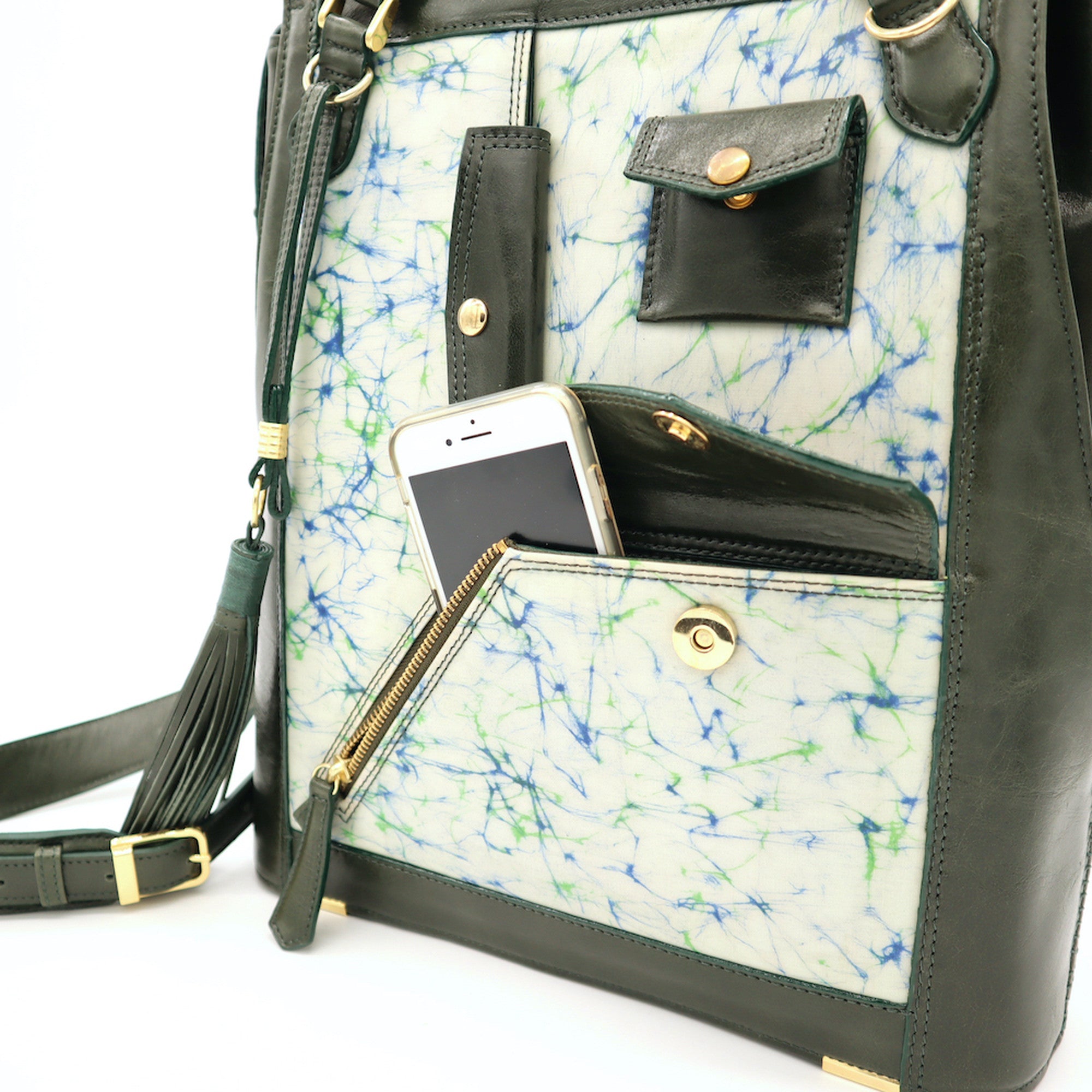 レザーとバティック染の3wayバック(olive-green)