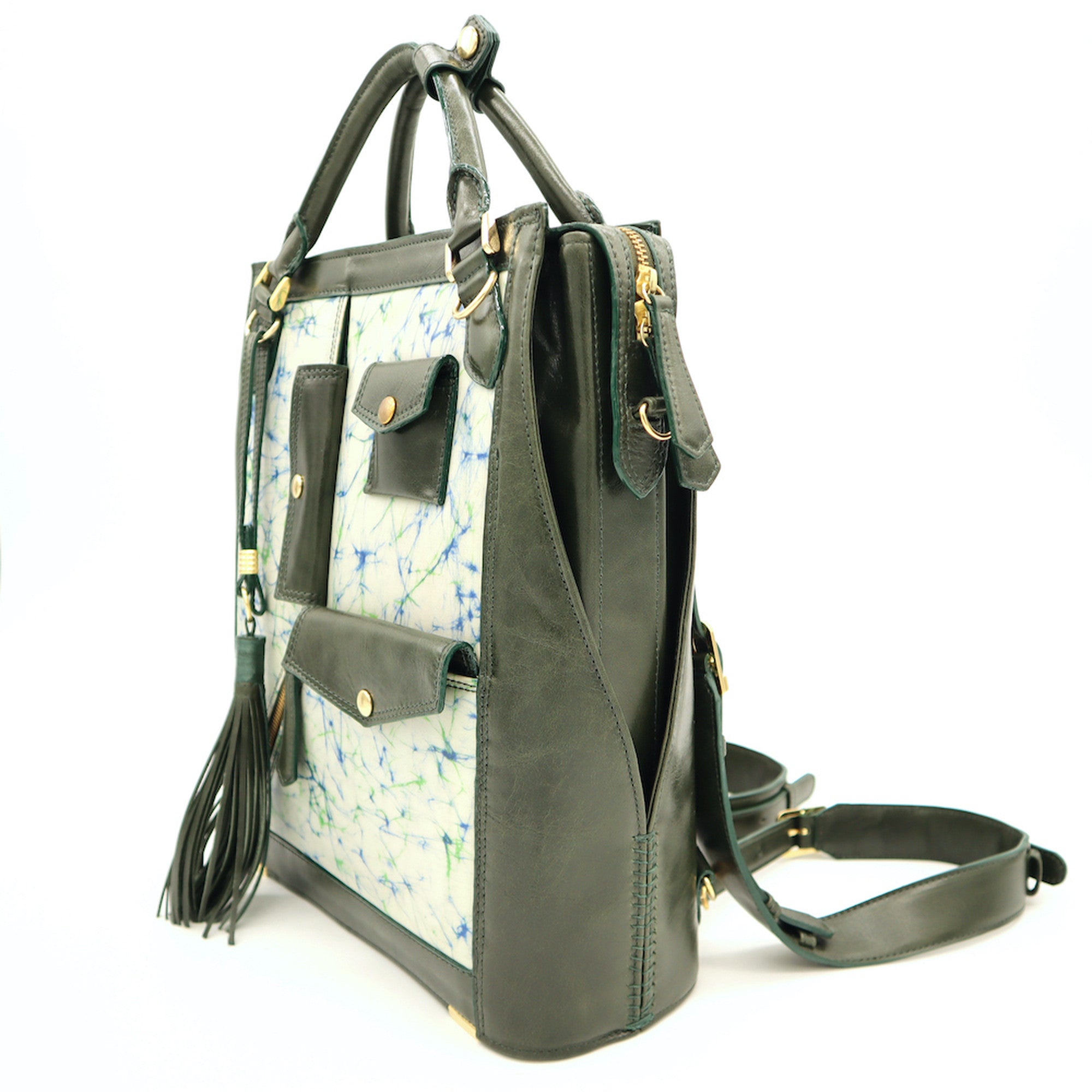 レザーとバティック染の3wayバック(olive-green)