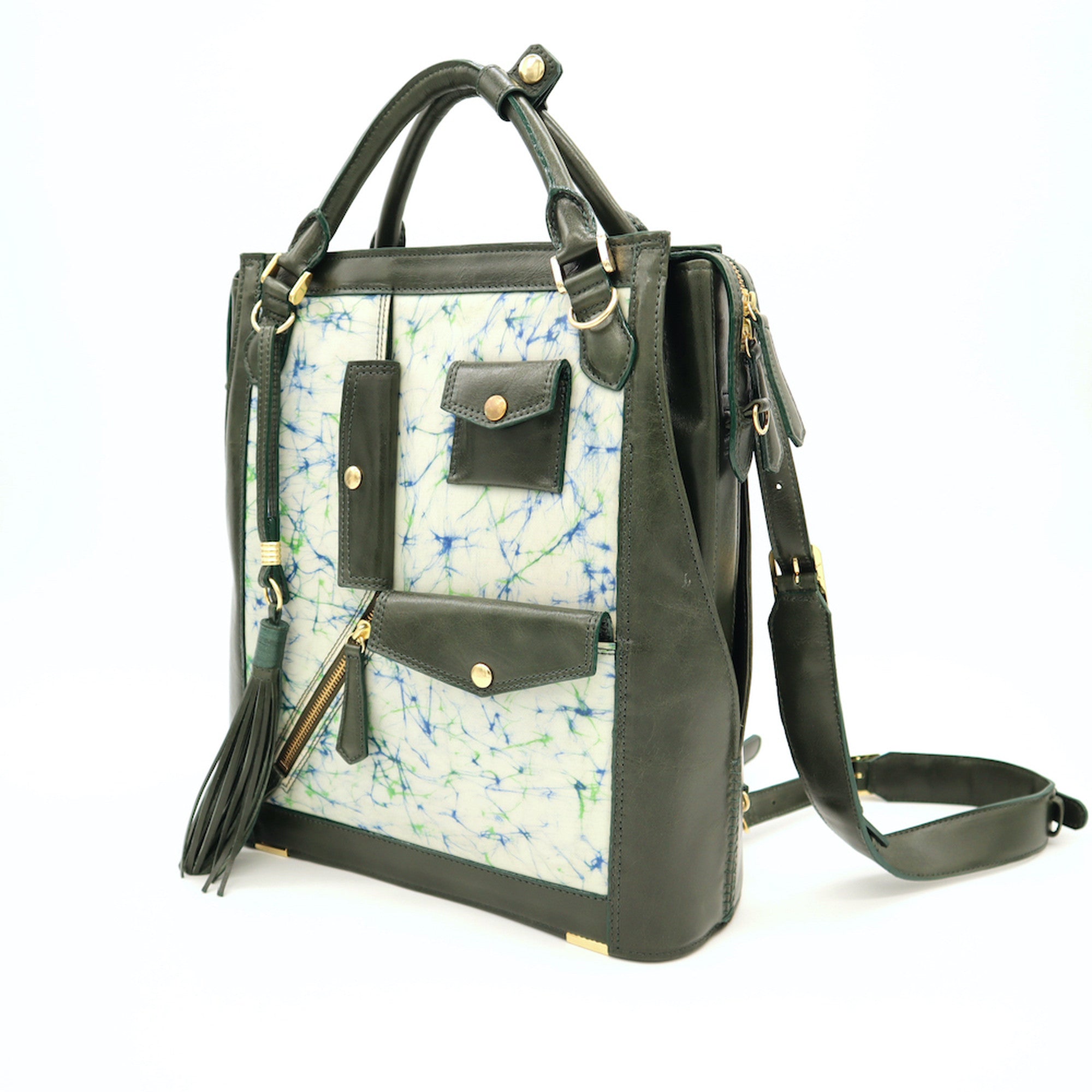 レザーとバティック染の3wayバック(olive-green)