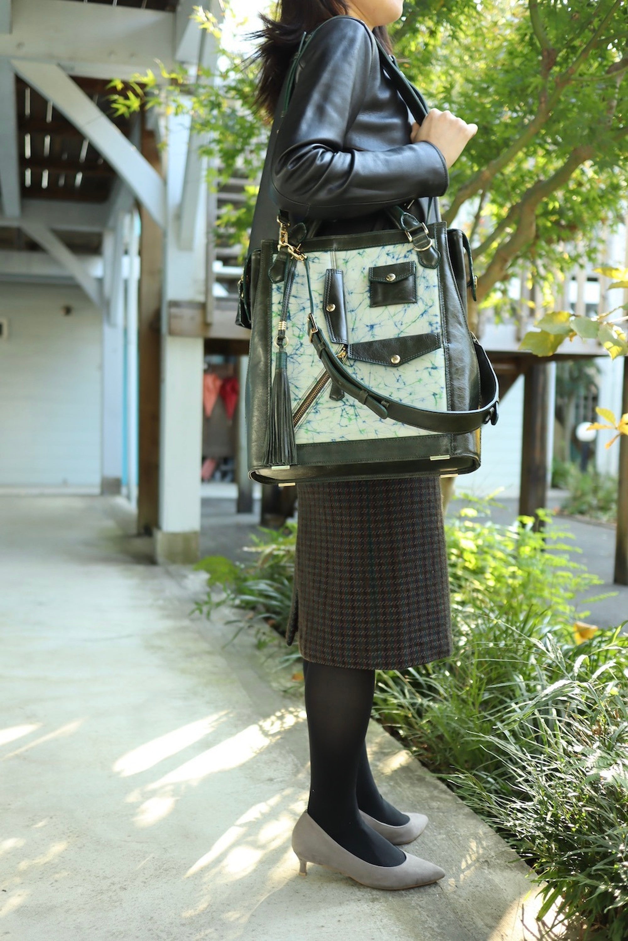 レザーとバティック染の3wayバック(olive-green)