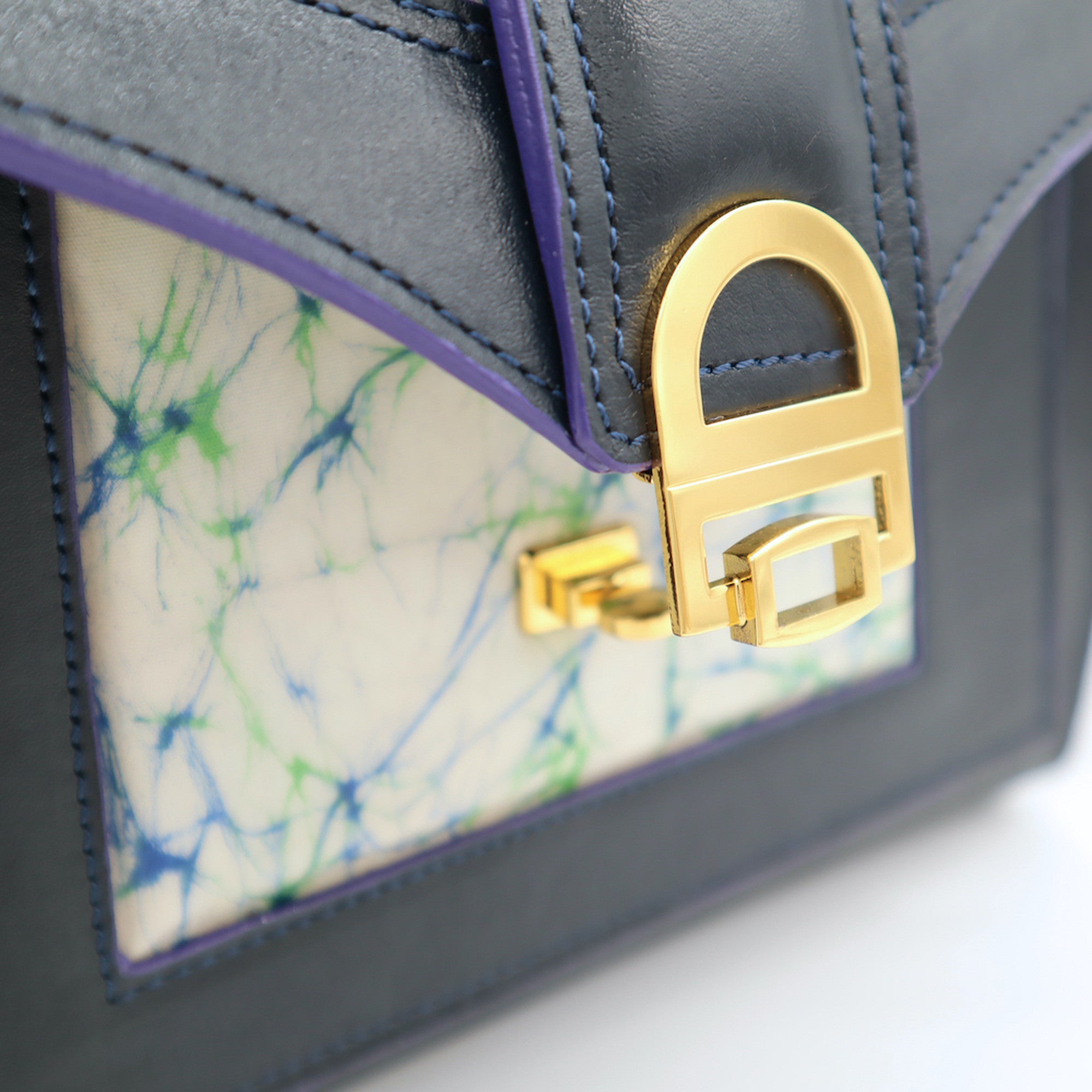 レザーとバティック染のミニショルダーバッグ（navy-blue）