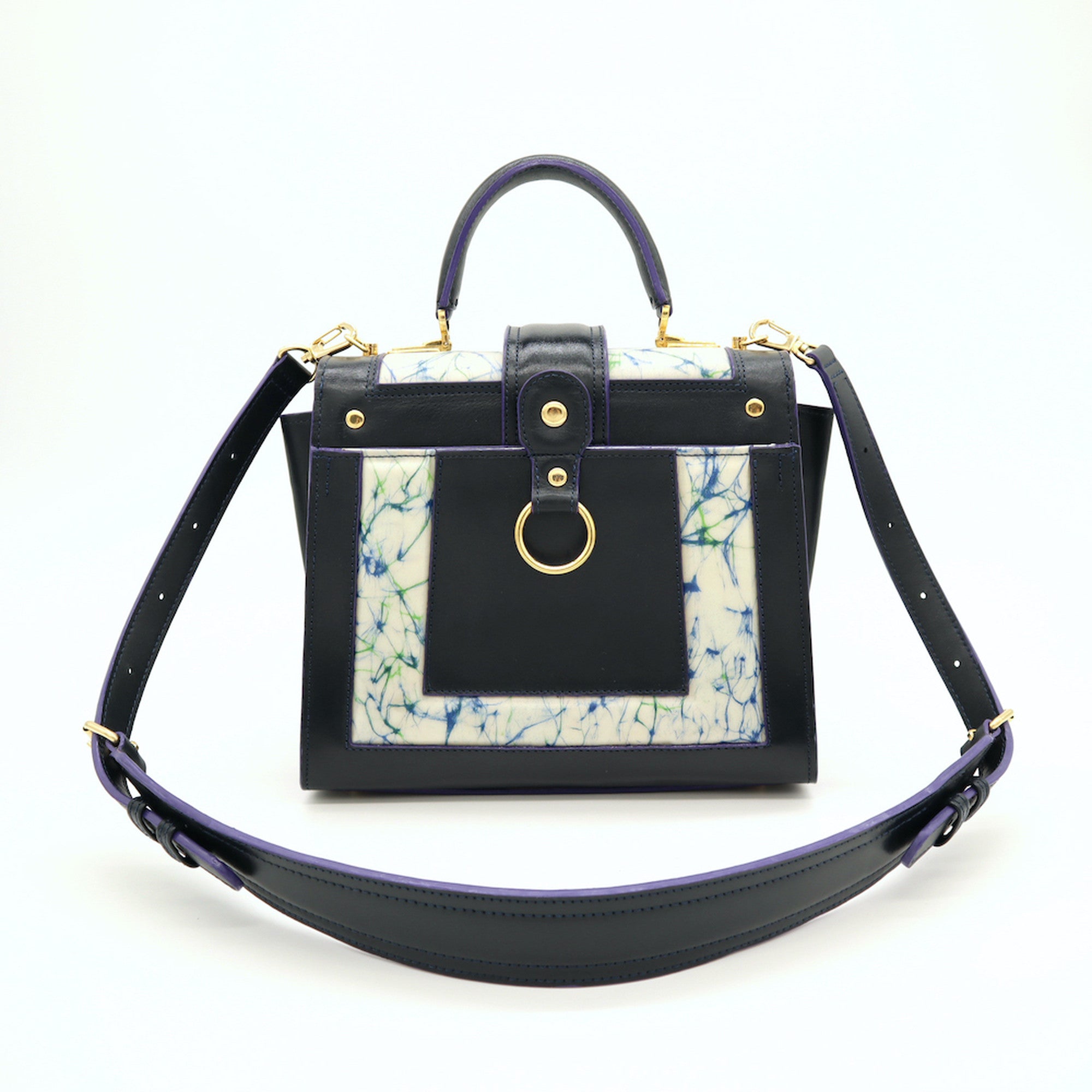 レザーとバティック染のミニショルダーバッグ（navy-blue）